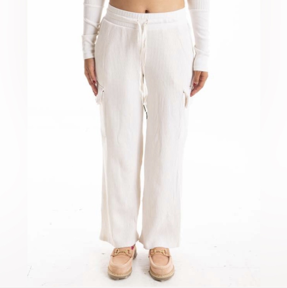 Stateside Luxe Thermal Drawstring Wide Leg Cargo Pant Size Medium Cream USA EUC